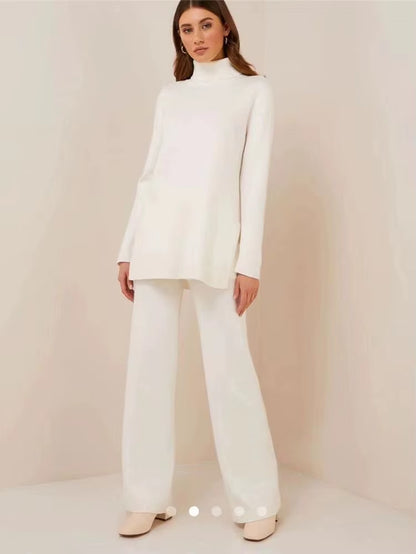Luxury Two Pieces 45% Cashmere + 30% Wool Suits Female Turtleneck Warm Mink Cashmere Knit Tops + Wide Leg Wool Pant Sets F688
