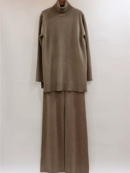 Luxury Two Pieces 45% Cashmere + 30% Wool Suits Female Turtleneck Warm Mink Cashmere Knit Tops + Wide Leg Wool Pant Sets F688