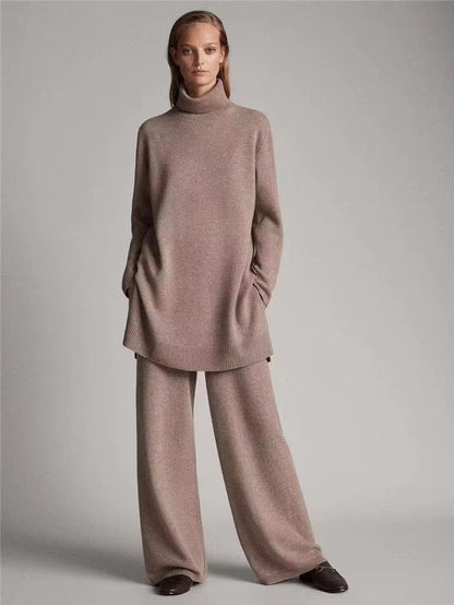 Luxury Two Pieces 45% Cashmere + 30% Wool Suits Female Turtleneck Warm Mink Cashmere Knit Tops + Wide Leg Wool Pant Sets F688