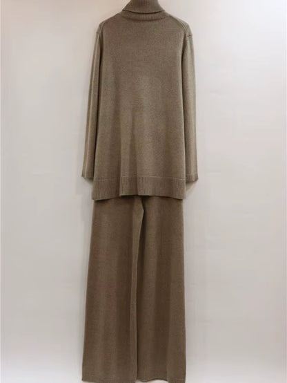 Luxury Two Pieces 45% Cashmere + 30% Wool Suits Female Turtleneck Warm Mink Cashmere Knit Tops + Wide Leg Wool Pant Sets F688